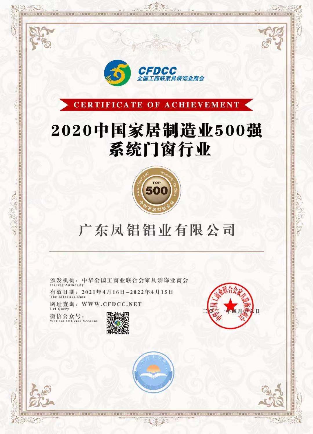2020年中國(guó)家居制造業(yè)500強(qiáng)系統(tǒng)門窗行業(yè)前列